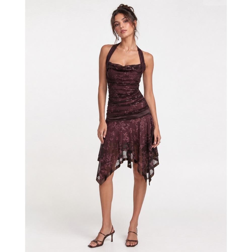 Y2K Taboo Brown Pink Glitter Mesh Halter Dress S Fairy Whimsigoth Handkerchief